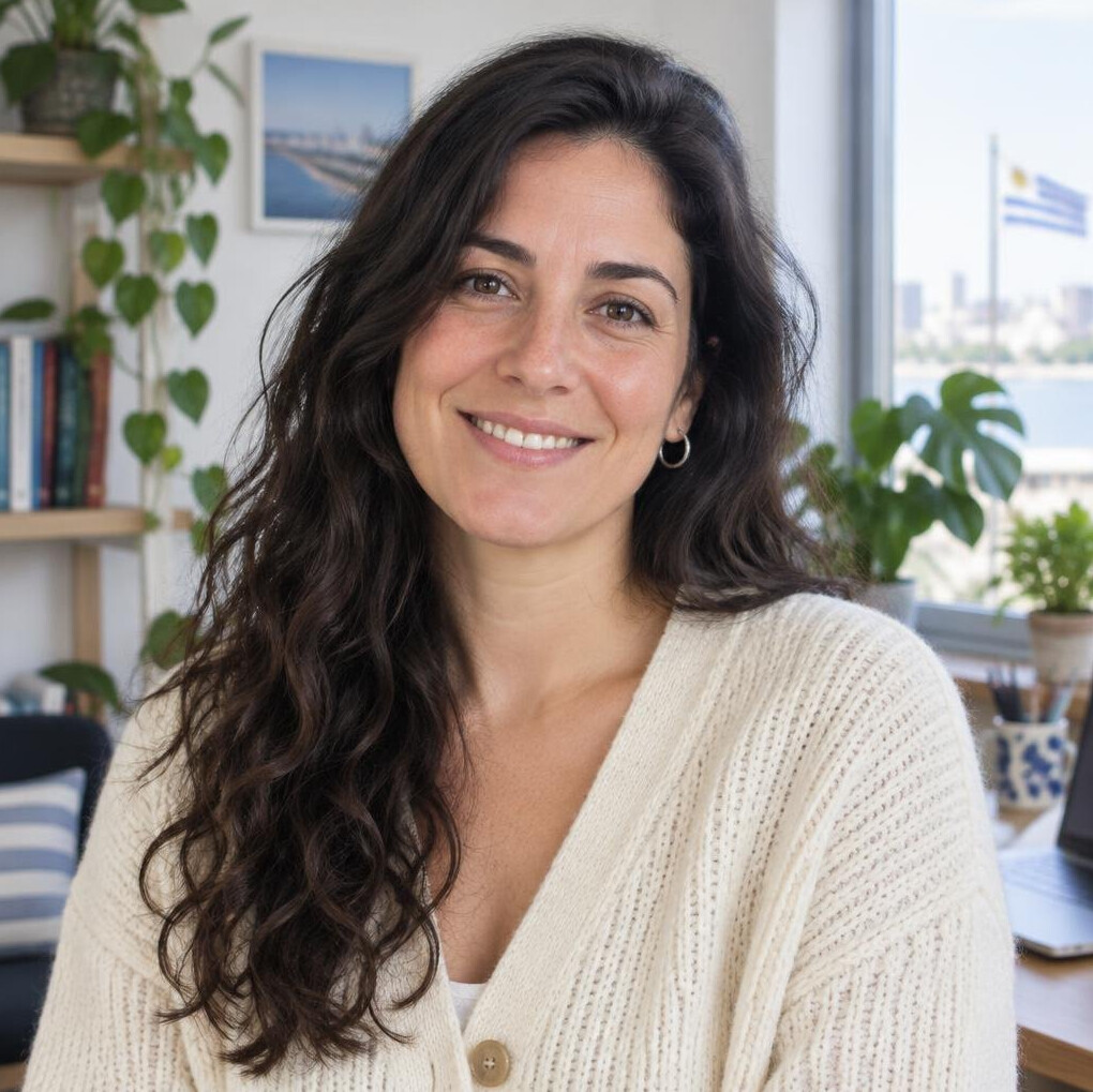 Portrait of a smiling Latin American woman in her 30s with long dark hair